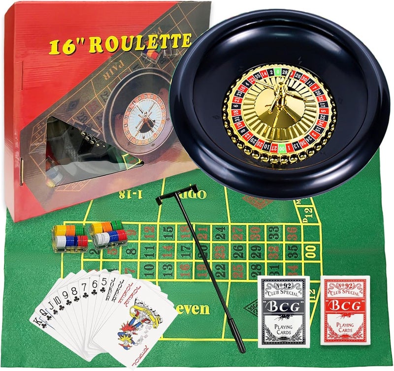 IIDEA 16 Inch Professional Roulette Wheel Set Gambling Wheel with 120 Chips,2 Decks of Cards,Reversible Game Table Mat, Rake and Balls,Casino Games Suitable for Roulette and Texas Hold'em - Image 1